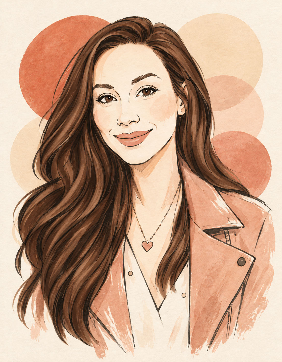 Illustrated portrait of Nizzi Karai Renaud with warm brown hair and dark brown eyes